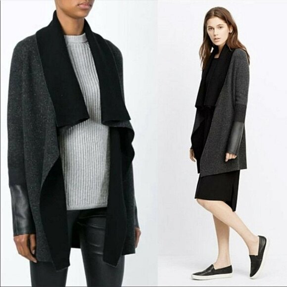 Vince - Wool + Cashmere Blend Double Face Sweater Coat + Leather, Sml Oversize - Picture 5 of 13